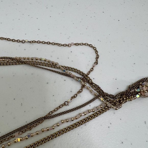 Express Chain Necklace Multi Strand Gold Tone Tassel Long Mixed Metals Pink Used - Picture 3 of 6